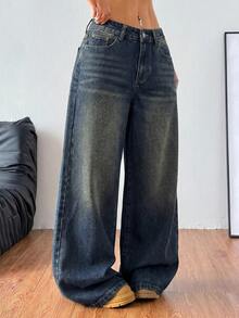 Coolane Quần jeans nữ ống rộng rách gối với túi xéo - Rửa tối - Xem 7