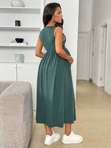 SHEIN Váy Bà bầu Thắt nút màu trơn Giải trí - Màu xanh lá cây đậm - Xem 2