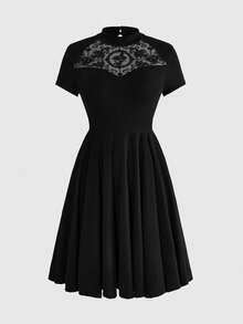 ROMWE Gothic Floral Flocked Patchwork A-Line Midi Dress, Halloween - Black - View 1