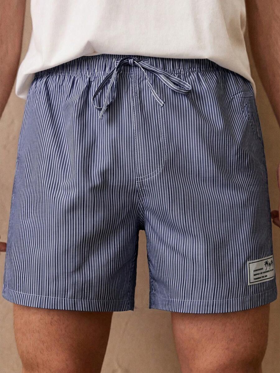HIMLAND Men's Casual Woven Vertical Striped Mid-Waist Drawstring Straight Shorts, Vacation, Father's Day Gifts, Football - Blue - View 1