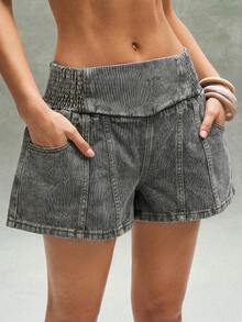 Bohemela Quần short denim nữ cạp thấp kiểu vintage, lưng thun co giãn. - Màu xanh nhạt - Xem 4