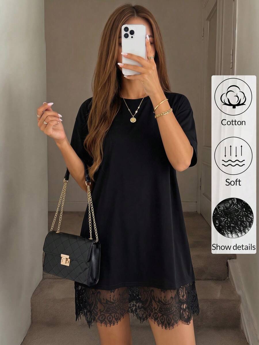 SHEIN 儿童/少女黑色纯色蕾丝拼接T恤裙,休闲时尚春夏款 - 黑色 - 查看 1