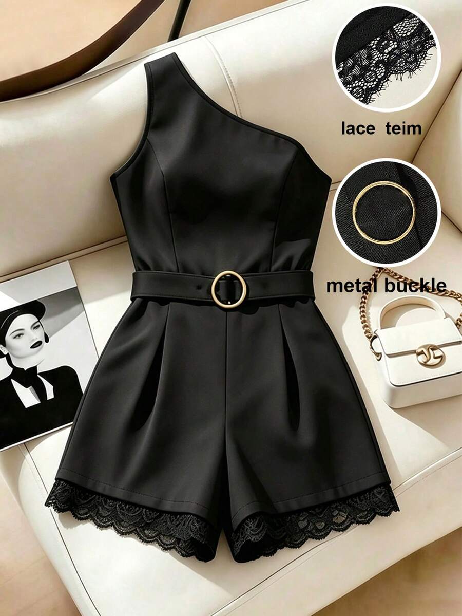 SHEIN Franclia Bộ jumpsuit nữ mới với thắt lưng tròn bằng satin, viền ren. - màu đen - Xem 1
