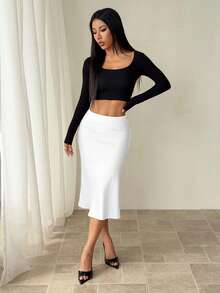 SHEIN PETITE Black High Waist Solid Color Skirt With Satin Texture Suitable For Dance And Daily Wear - White - View 6