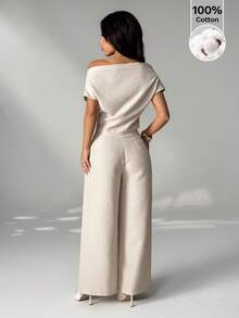 SHEIN PETITE Bộ đồ nữ mùa hè mới về, kiểu dáng đơn giản, thanh lịch, thường ngày, chất liệu vải lanh, gồm áo sơ mi cổ rộng, trễ vai và quần ống rộng. - Màu be - Xem 2