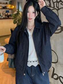 DAZY 女款拉鍊鈕扣口袋長袖休閒夾克校園風 - 藍色 - 查看 5