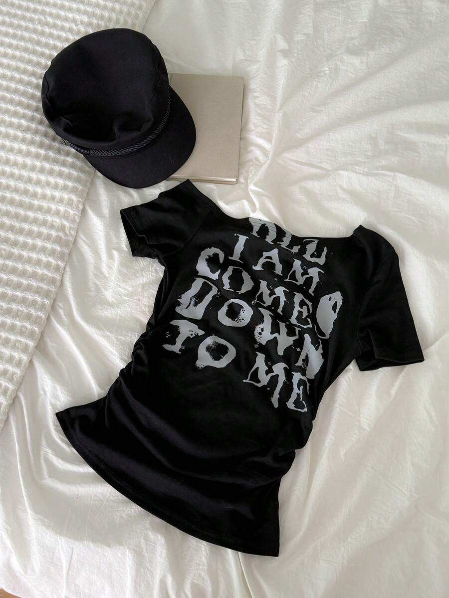 DAZY Women's Oblique Shoulder Letter Print Short Sleeve T-Shirt - Black - View 1