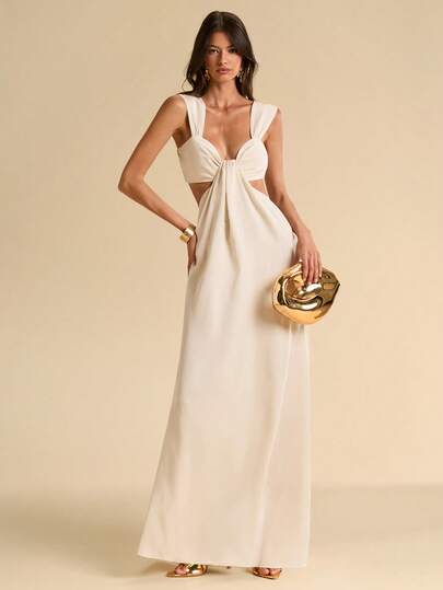 SHEIN BAE Women's Apricot Satin Short Sleeve Backless A-Line Dress, Vacation Dress, Elegant Dress