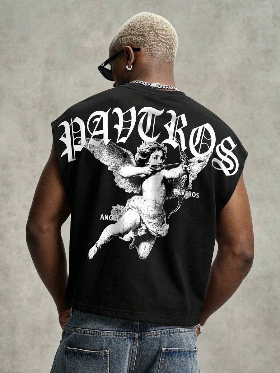 PAVTROS Áo tank top nam dáng rộng in chữ Cupid, phong cách đường phố thời trang cho sinh hoạt hàng ngày, đi làm và du lịch. - màu đen - Xem 1