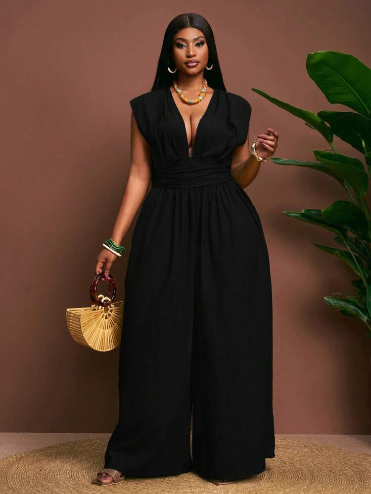 Veslaya Chocolate Brown Summer Loose Plus Size Jumpsuit,Women's