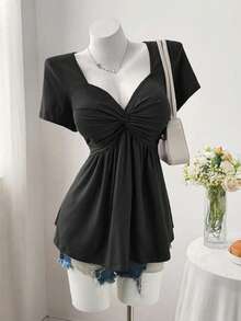 Sweetra Plus Size Women Summer Casual Commuting Minimalist Solid Color Keyhole Twist Front Babydoll Tee - Black - View 1