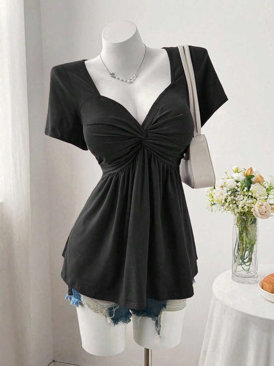 Sweetra Plus Size Women Summer Casual Commuting Minimalist Solid Color Keyhole Twist Front Babydoll Tee - Black - View 1
