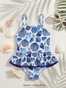 Cozy Pixies Baju Renang Terusan Bayi Perempuan untuk Liburan, Motif Kerang Biru & Putih, Tali Bahu Tipis, Hem Berkerut, Baju Renang Lucu dengan Trim Kontras untuk Kolam Renang, Liburan - Blue and White - View 3