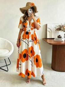 Ceyna Đầm hoa lãng mạn, thanh lịch mới dành cho nữ cỡ lớn, đầm đi nghỉ mát không tay, đầm dài xòe xẻ tà bên hông dệt in họa tiết cho mùa hè. - trái cam - Xem 4