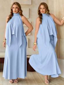 Roveilla Bộ 2 món cho nữ size lớn: Áo kiểu bất đối xứng phong cách Pháp thanh lịch + Chân váy - Màu xanh lam - Xem 8