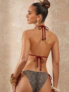 Lumalex 1 chiếc quần bikini họa tiết da báo màu đỏ đậm, viền bèo nhún buộc dây bên hông, dây buộc đính hạt màu hổ phách, đồ bơi gợi cảm thời trang cho các hoạt động thể thao dưới nước và đi biển. - Nhiều màu - Xem 9
