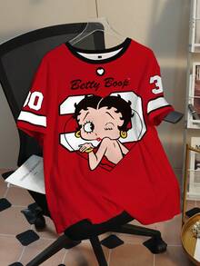 Betty Boop x SHEIN 大码女式夏季休闲时尚街头数字卡通印花宽松T恤 - 白色 - 查看 1