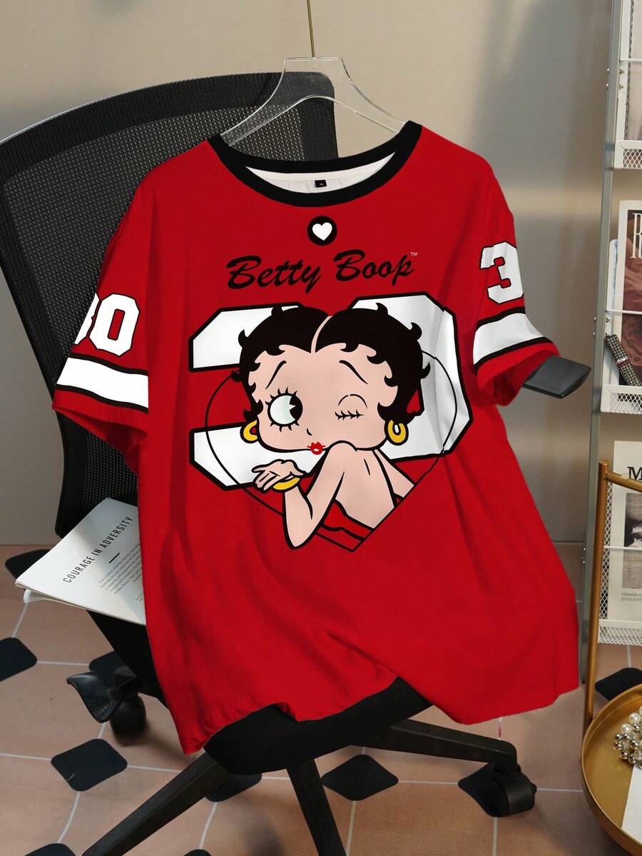 Betty Boop x SHEIN 大码女式夏季休闲时尚街头数字卡通印花宽松T恤 - 白色 - 查看 1