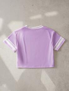 Nick 90s | SHEIN Áo thun ngắn tay cổ chữ V in hình hoạt hình và chữ cái dành cho bé gái, thích hợp mặc mùa hè. - Màu tím  Violet - Xem 2