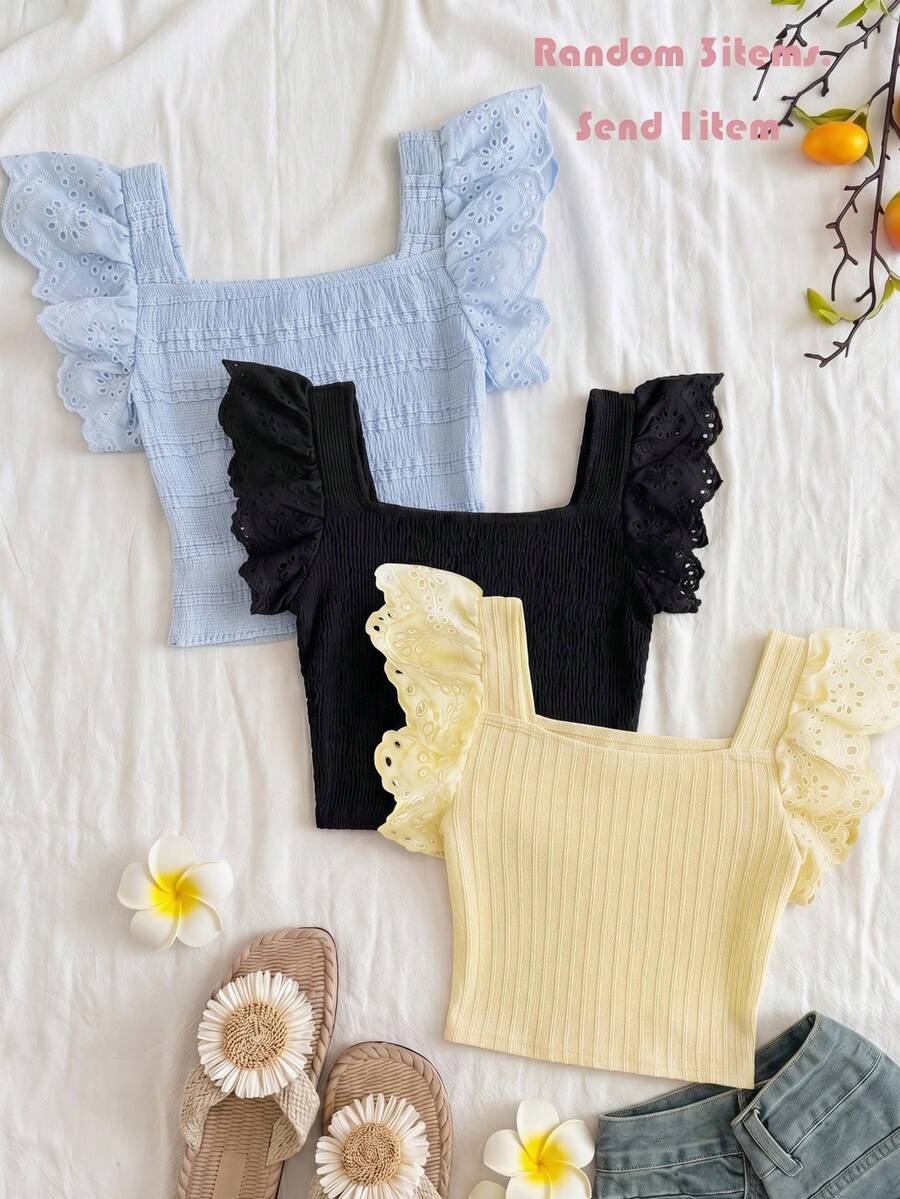 Bộ đồ 3 món cho bé gái/thiếu niên gồm áo tank top và áo camisole, kiểu dáng đơn giản, màu xanh dương trơn, chất liệu dệt kim, có họa tiết ren, ôm sát, thoải mái, cổ vuông, tay ngắn, dáng croptop, phong cách tối giản thường ngày. - Màu xanh lam - Xem 1