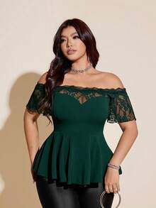 Viva Relle Plus Size Sexig Spets Patchwork Off Shoulder Svart Slim Fit Blus - Mörk Grön - Visa 5