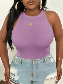 Slaydiva Camiseta de tirantes básica blanca de cuello redondo y hombros descubiertos para tallas grandes - Púrpura malva - Ver 4