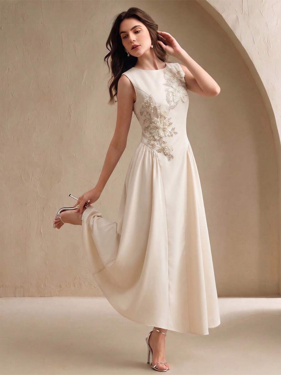 Anewsta Đầm hè mới thanh lịch không tay, eo thon, đính cườm, họa tiết hoa bất đối xứng, đa năng và cao cấp. - Màu be - Xem 1