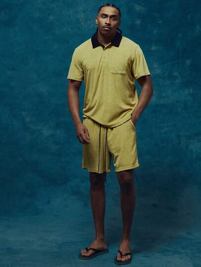 Musero Contrast Collar Short Sleeve Dropped Shoulder Front Pocket Button Placket Polo Style Shirt Towel Style Co Ord Top Only Spring Summer Essentials Holiday