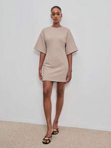 ATUI Studio Casual Daily Fashion White T-Shirt Dress For Women, Summer - Apricot - View 4