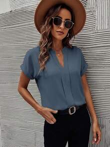 SHEIN Clasi Women's Simple Solid Color Notch Neck Short Sleeve Blouse, Summer,Summer Top - Teal Blue - View 3