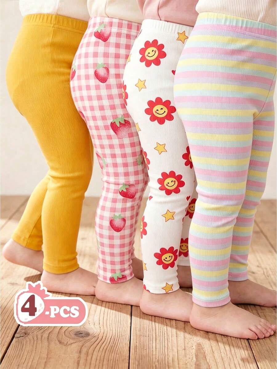 SHEIN Vintaside Kids 4件組女嬰幼童開學休閒柔軟親膚條紋&素色白色秋季極簡戶外內搭褲 - 彩色 - 查看 1