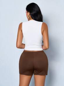 SOLERSUN Women's High Waisted Pastal Shorts With Bling Flower Buckle, Ruched Bodycon Asymmetric Wrap Skort, Summer Sexy Night Vacation Holiday Dark Brown - Brown - View 3