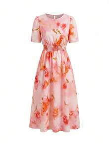 Ellevyn Floral Print Romantic Vacation Dress With Round Neck And Waist Cinching - Pink - View 10