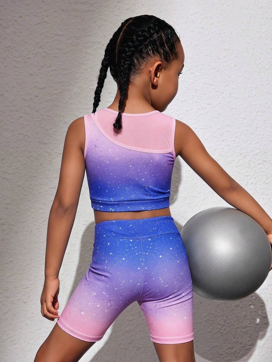 SHEIN Young Girl Contrast Color Round Neck Tank Top And Shorts Sportswear Set - Multicolor - View 1