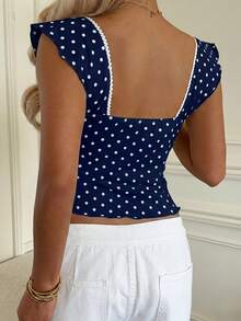CovetEZ Áo thun ngắn tay nữ màu xanh hải quân chấm bi, cổ hình trái tim, viền bèo nhún, thích hợp mặc mùa hè. - Màu xanh hải quân - Xem 5