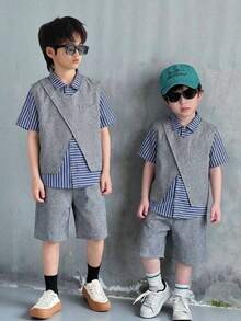 3pcs Set Tween Boy Structured Vest, Striped Short Sleeve T-Shirt, And Shorts - Grey - View 1