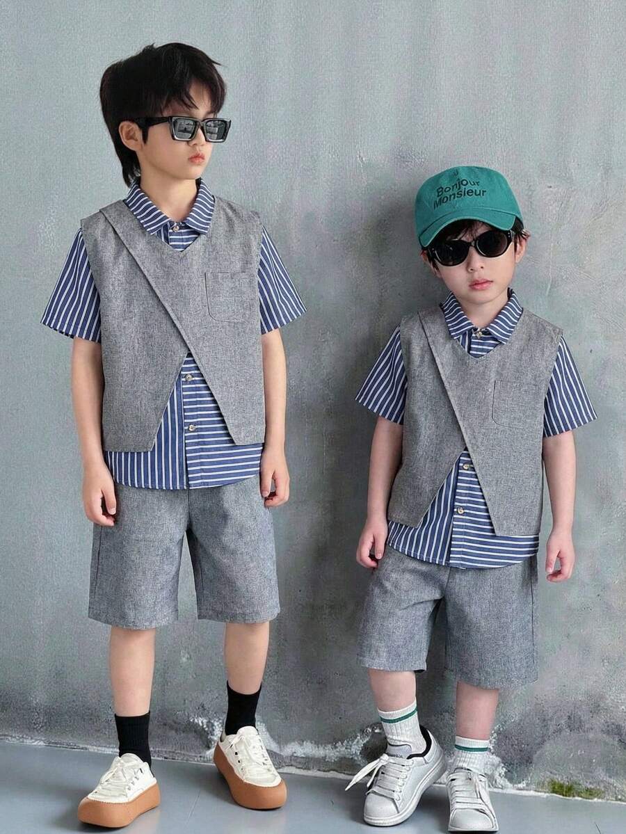 3pcs Set Tween Boy Structured Vest, Striped Short Sleeve T-Shirt, And Shorts - Grey - View 1