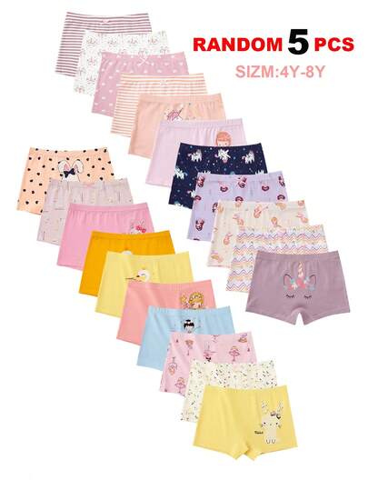 5pcs/Pack Young Girl Cartoon Horse, Rabbit, Elephant Print Assorted Color Panties