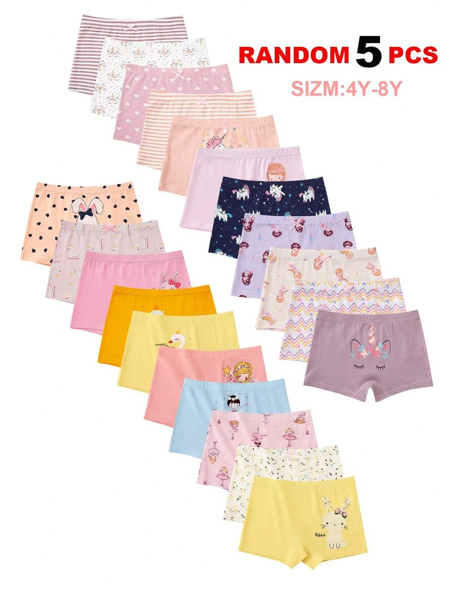 5pcs/Pack Young Girl Cartoon Horse, Rabbit, Elephant Print Assorted Color Panties - Multicolor - View 1