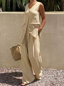 Livesso Sleeveless Fitted Lace Casual Pants 2 Pieces Set For Women Vacation Khaki Summer - Khaki - View 5