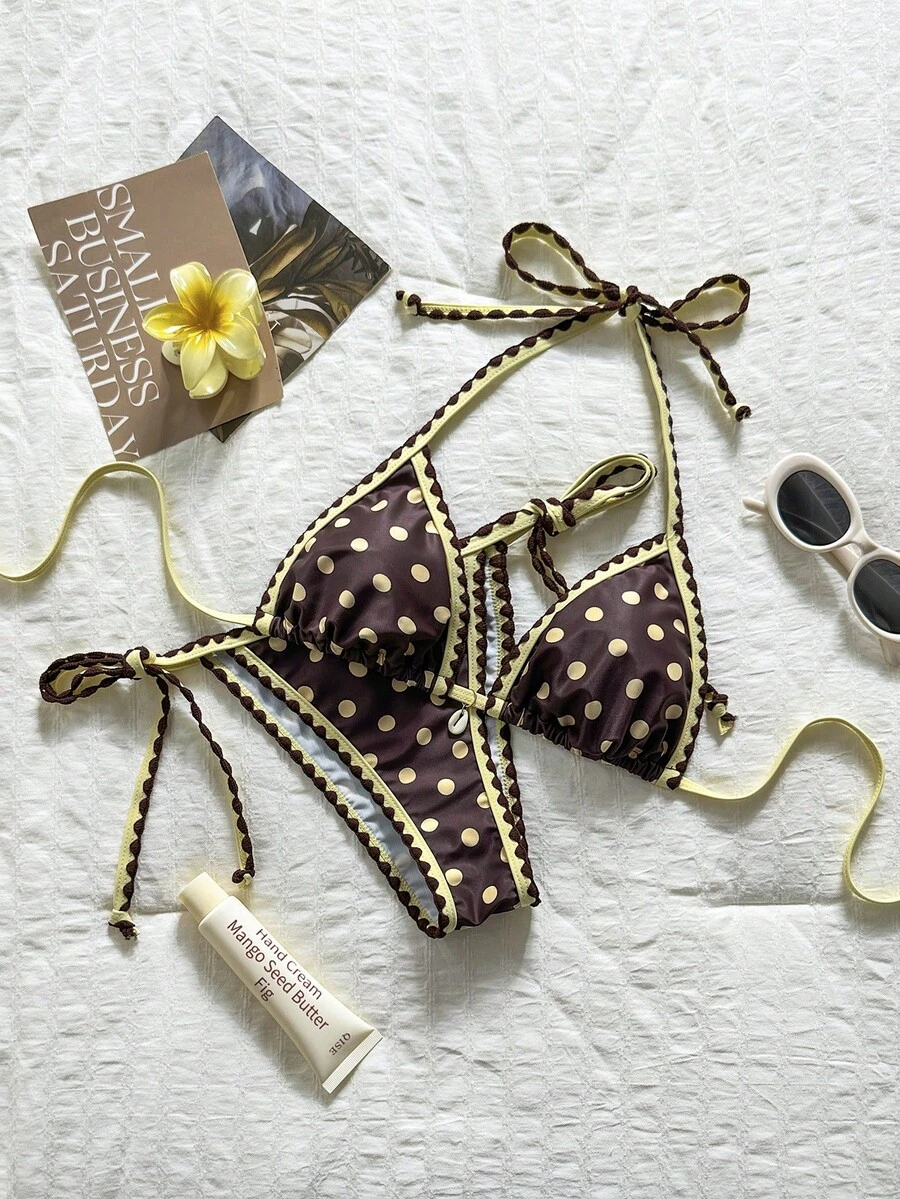 Swim Mod Women's Random Print Halter Neck Ruffle Strap Tie-Up 2-Piece Bikini Set, Spring/Summer Golf White Sexy - Multicolor - View 1
