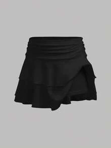 SHEIN Girlism 少女碎花露脐背心和荷叶边半裙两件套，休闲度假装 - 黑色 - 查看 7