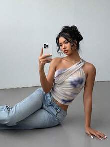 Aloruh Áo croptop nữ kiểu dáng thanh lịch, gợi cảm, in họa tiết tie-dye, chất liệu lưới, ôm sát, xếp ly, thắt nơ phía trước, phong cách Y2K. - Bụi tím - Xem 4