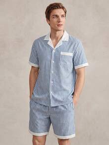 EverLounge 男士休闲撞色条纹家居服套装 - 藍白色 - 查看 5