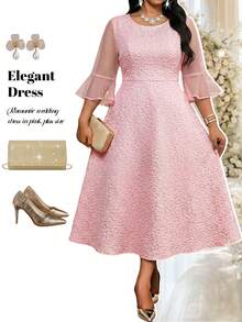 Fleurora Plus Size Women's Blush Pink Summer Elegant Formal Wedding Ninang Jacquard Splice Mesh Ruffle Sleeve Waist Cinched Dress For Party Graduation Prom - Pink - View 6