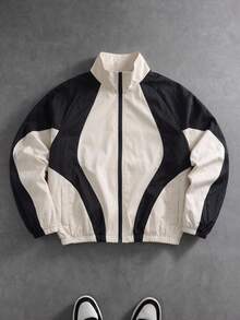 PAVTROS Chaqueta casual versátil de uso diario con cuello alto y cremallera de color contrastante para hombres - Blanco y Negro - Ver 1