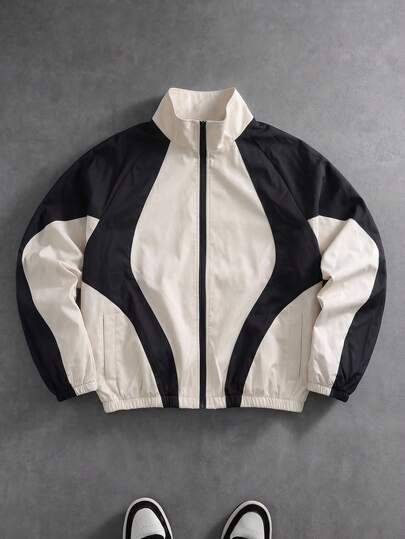 PAVTROS Men's Contrast Color Zipper Stand Collar Casual Everyday Versatile Jacket Football