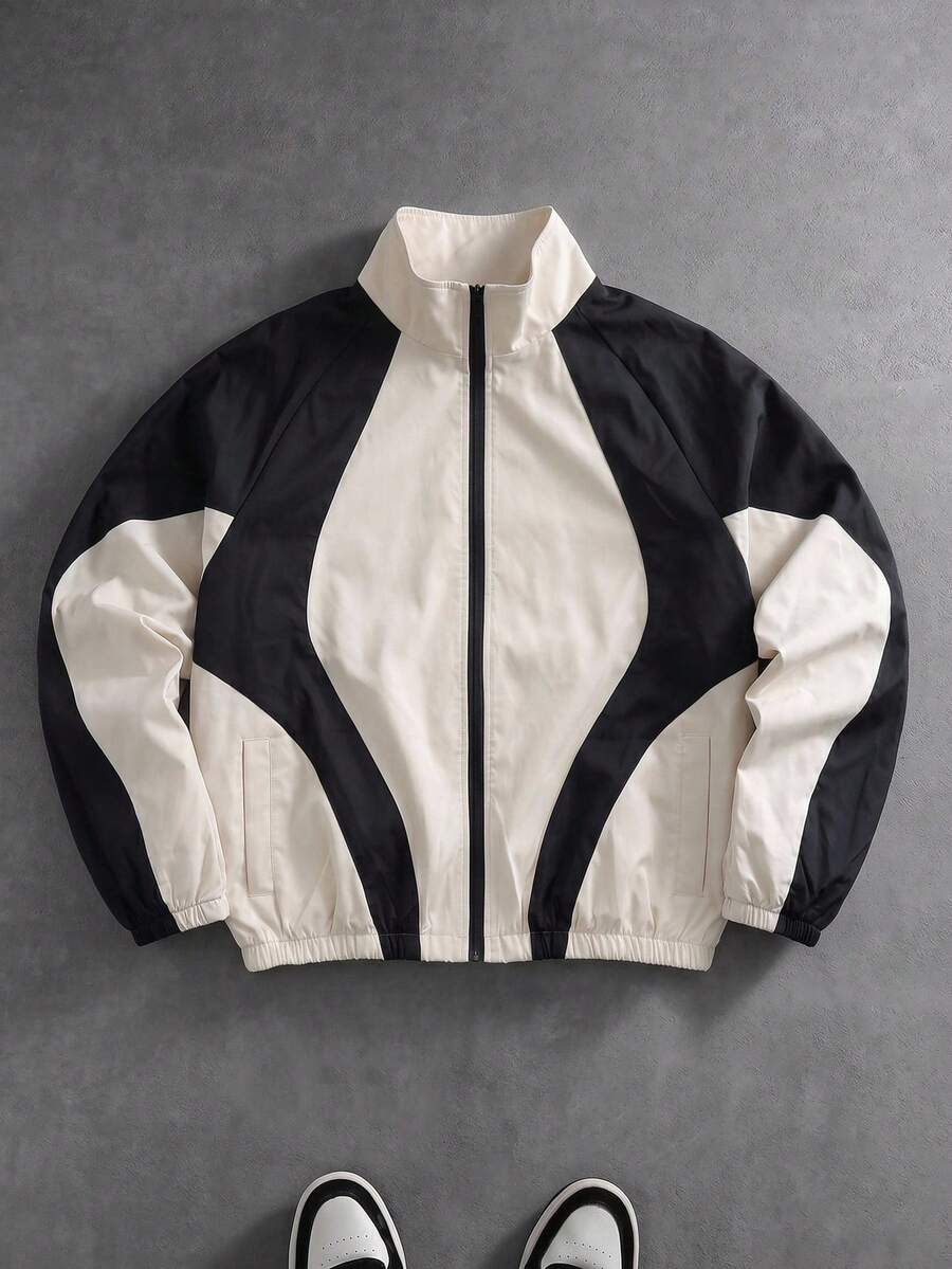 PAVTROS Chaqueta casual versátil de uso diario con cuello alto y cremallera de color contrastante para hombres - Blanco y Negro - Ver 1