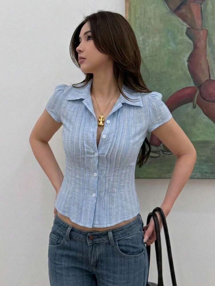 Solid Color Collared Fitted Short Sleeve White Blouse For Women