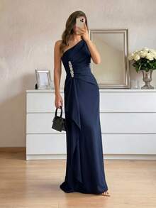 Modelyn Thời trang mới cho quý cô thanh lịch vừa vặn cổ bất đối xứng không tay, trang trọng, váy dự tiệc, váy dài, cho buổi tối, khách dự tiệc cưới - Màu xanh hải quân - Xem 3